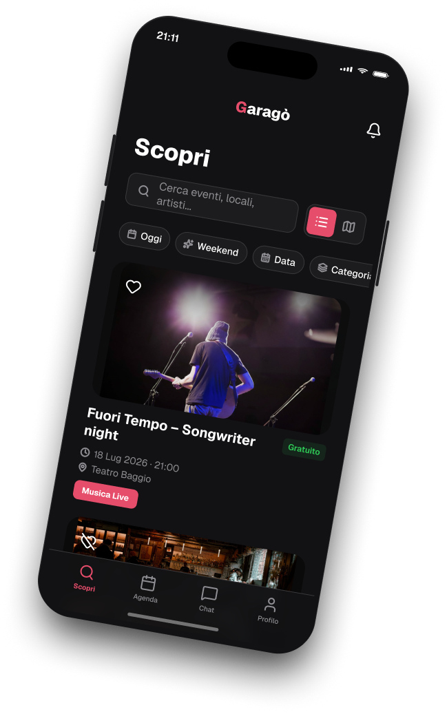 Garagò app: event list view