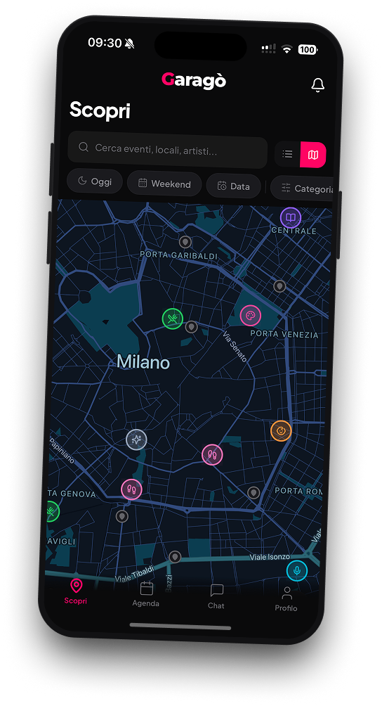 Garagò app: map of events in Milan